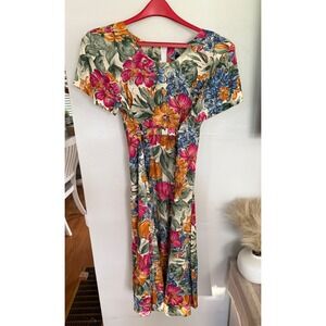 Royal Creations‎ Hawaiian Floral Rayon Midi Dress Tropical Print